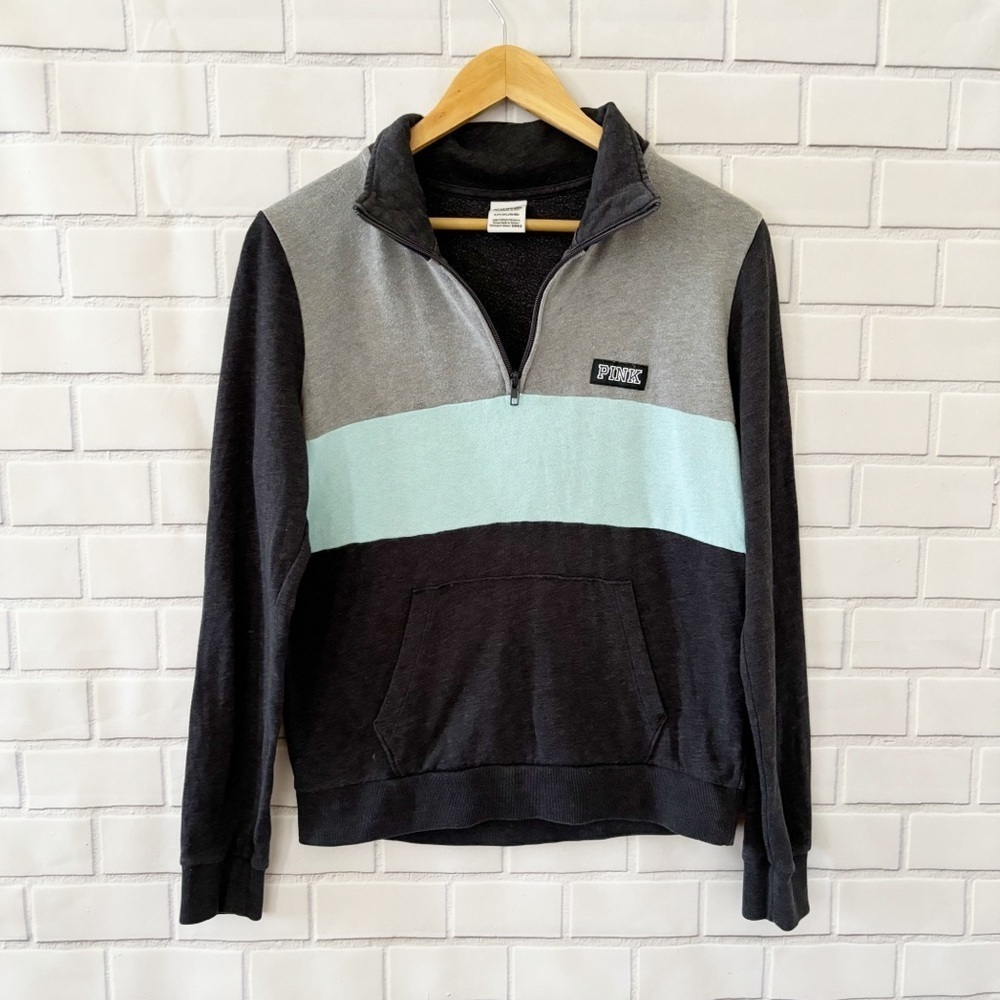 Victoria's Secret PINK Quarter Zip Pullover S Colorblock Grey Mint Sweatshirt